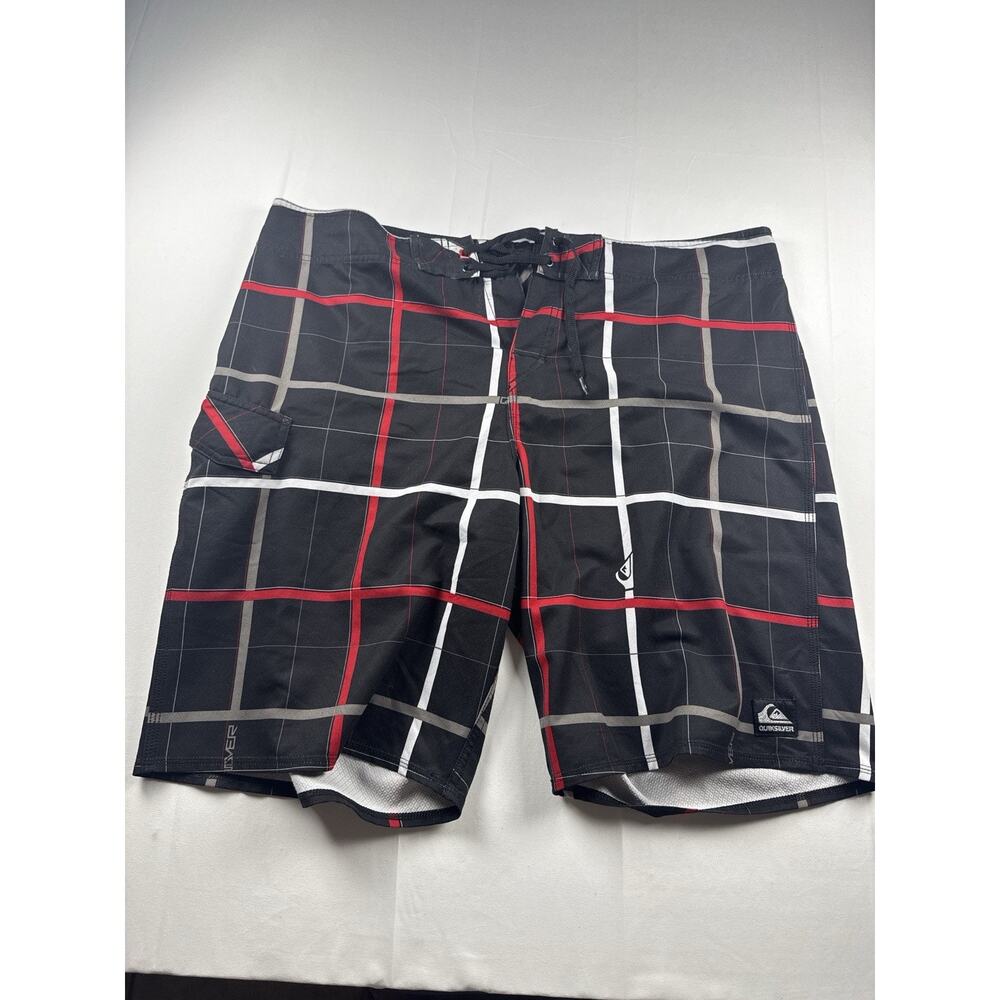 Quiksilver Board Shorts Mens 40 Black Plaid 4 Way Stretch Surf Swim